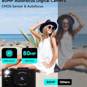 Digital Camera 5K UHD Compact Vlogging Camera with 64GB SD Card, 80MP Point and Shoot with 3" Flip Screen & 18X Zoom for YouTube & Beginners (Black)