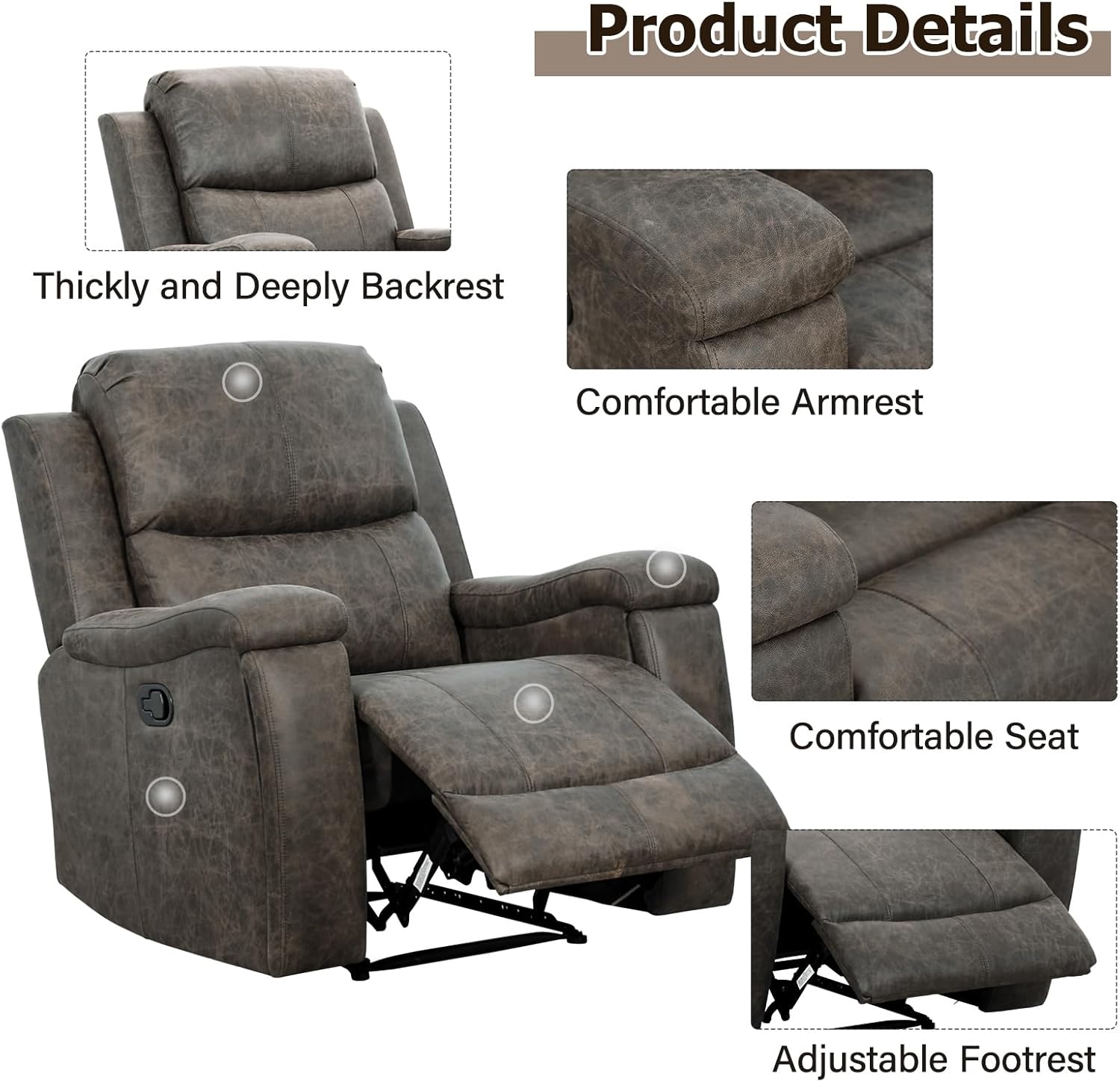 CANMOV Grey Leather Recliner Chair – Overstuffed Manual Reclining Sofa with Hidden Cup Holders and Lumbar Support