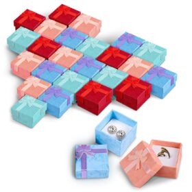 24-Piece Colorful Earring Gift Boxes with Ribbon Bows – 1.57” Square Jewelry Display Boxes for Studs, Rings & Small Keepsakes – Bulk Packaging for Valentine’s, Retail & Events