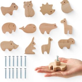 Youuys Wooden Animal Cabinet Pulls – 12-Piece Hand-Carved Wildlife Knob Set for Dressers, Drawers, & Kids' Room Furniture