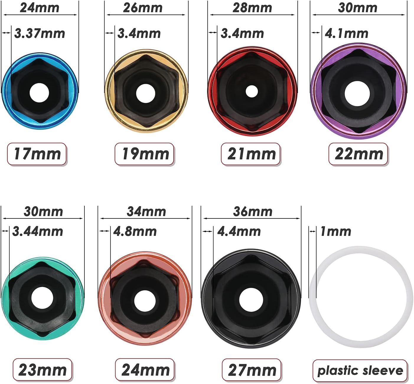 MIXPOWER 7-Piece 1/2" Drive Thin Wall Impact Socket Set – Color-Coded Wheel Rim Protector Sockets with Plastic Sleeves (17mm, 19mm, 21mm, 22mm, 23mm, 24mm, 27mm)