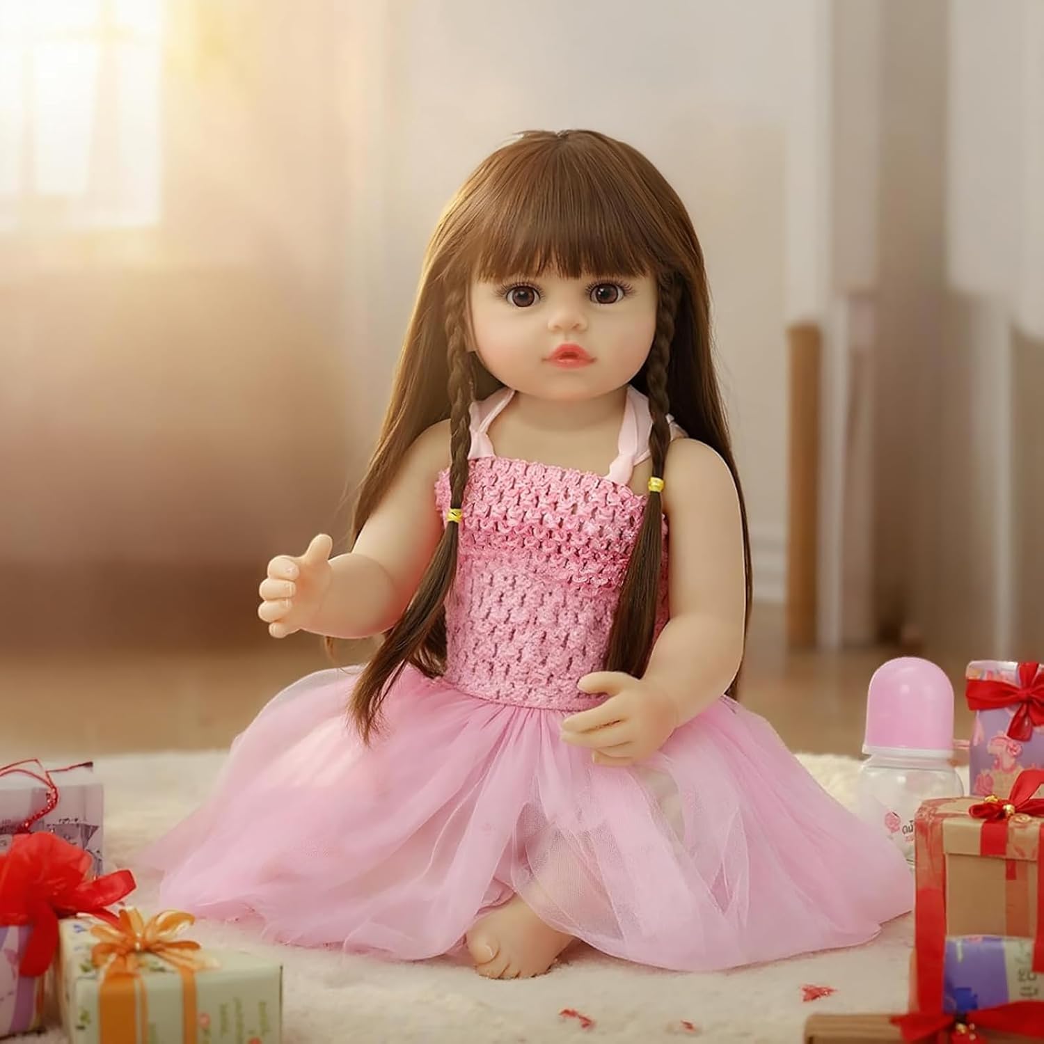 22 Inch Reborn Baby Doll - Lifelike Girl with Hair, Full Vinyl Body & 8-Piece Gift Set - Soft Silicone Realistic Newborn Toy for Kids Age 3+ (Alicia)