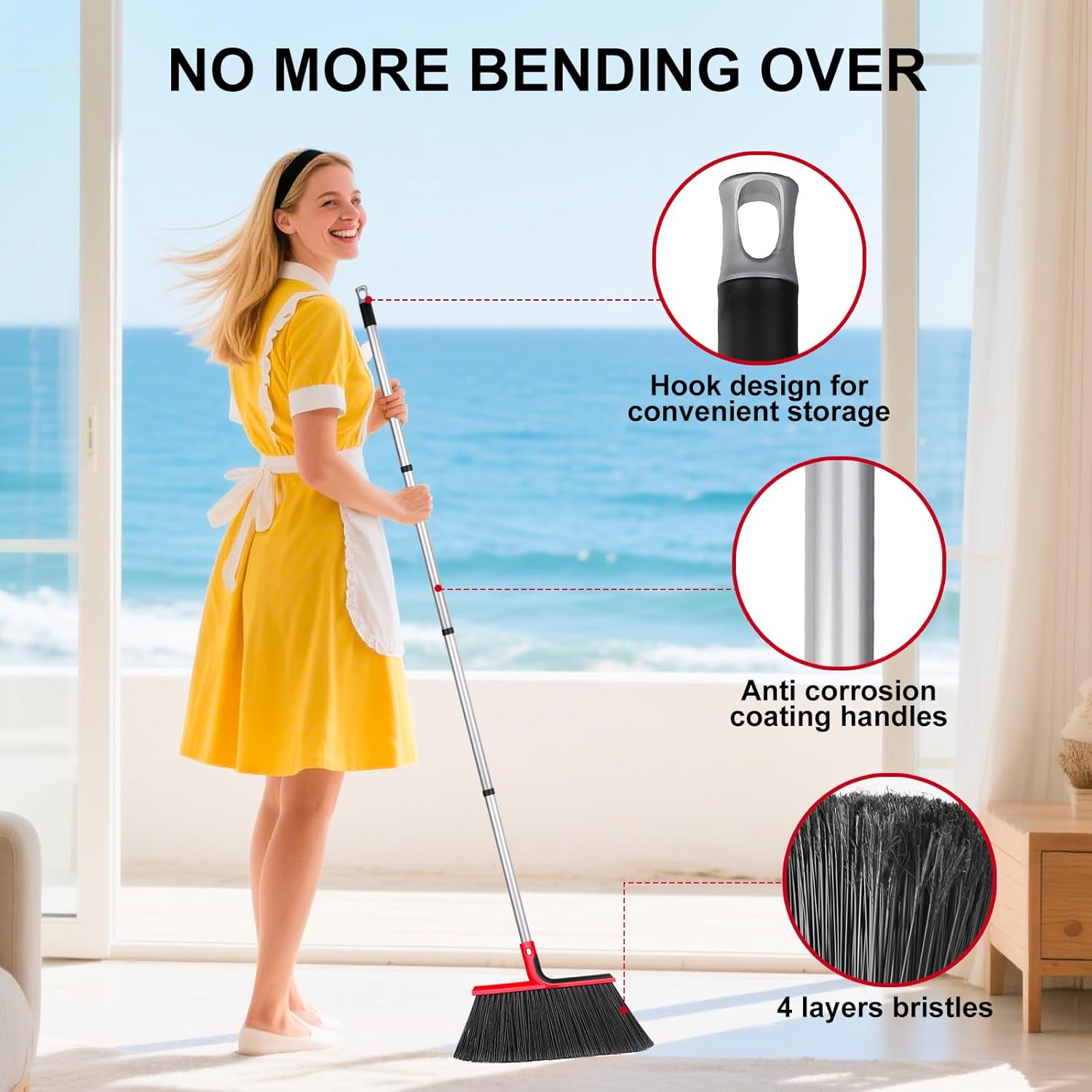 Heavy-Duty Angle Broom with 58" Long Handle – 14" Wide Sweep Stiff Bristles for Indoor, Outdoor, Garage, Patio, and Deck