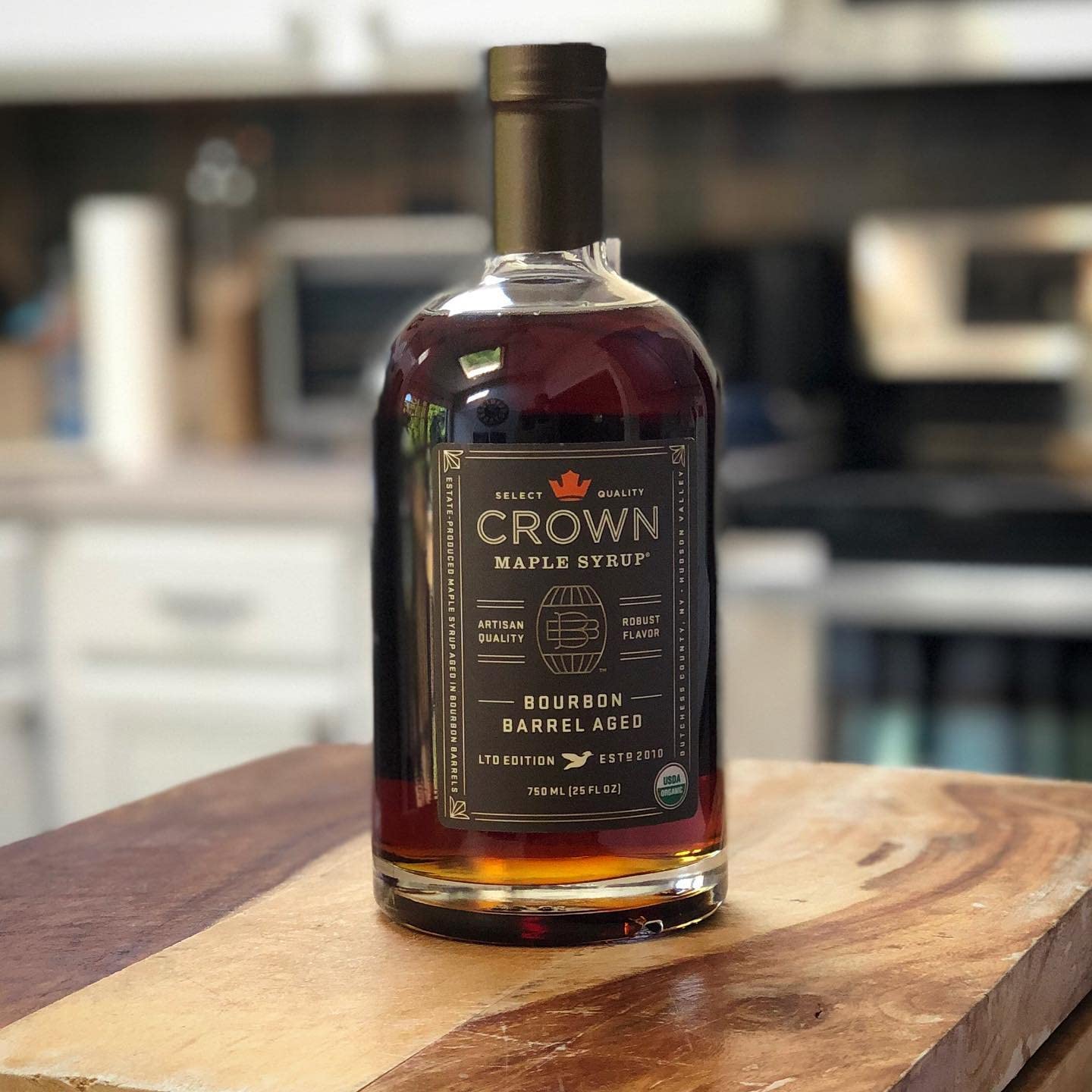 Crown Maple Bourbon Barrel Aged Organic Maple Syrup - 25 Fl Oz - 100% Pure, Grade A Dark Color & Rich Taste - Perfect for Pancakes, Waffles, Coffee, Cocktails, and Glazes
