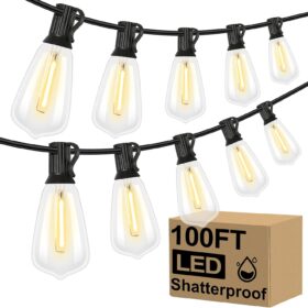 Brightever 100FT LED Outdoor String Lights with 52 Shatterproof Edison Bulbs - Commercial Grade Waterproof Patio Lights for Backyard, Porch, Wedding & Party