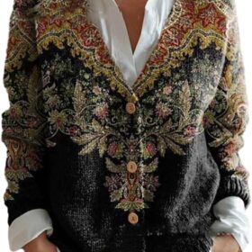 Women's Vintage Boho Floral Cardigan - Lightweight Knit Open Front Button Down Sweater Coat with Long Sleeves