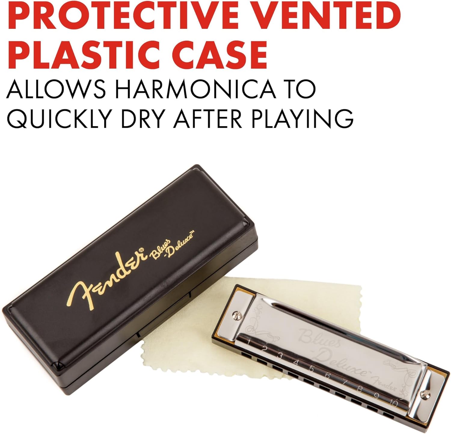 Fender Blues Deluxe Harmonica in Key of C – Professional Brass Reeds & Molded PVC Comb with Vented Case