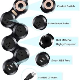 CORATED 9Ft Flexible Surge Protector Power Strip – 4 AC Outlets & 2 USB Ports, 120° Rotatable Extension Cord for Home, Office, & Travel (Black)