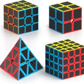 Vdealen Carbon Fiber Speed Cube Set - Magic Puzzle Bundle with 2x2, 3x3, 4x4 & Pyramid Cubes | Ultimate Brain Teaser Toy for Kids & Adults