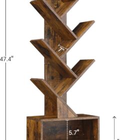 SUNMORY 6-Tier Tree Bookshelf with Drawers – Rustic Brown Narrow Bookcase Organizer for Living Room, Bedroom & Home Office