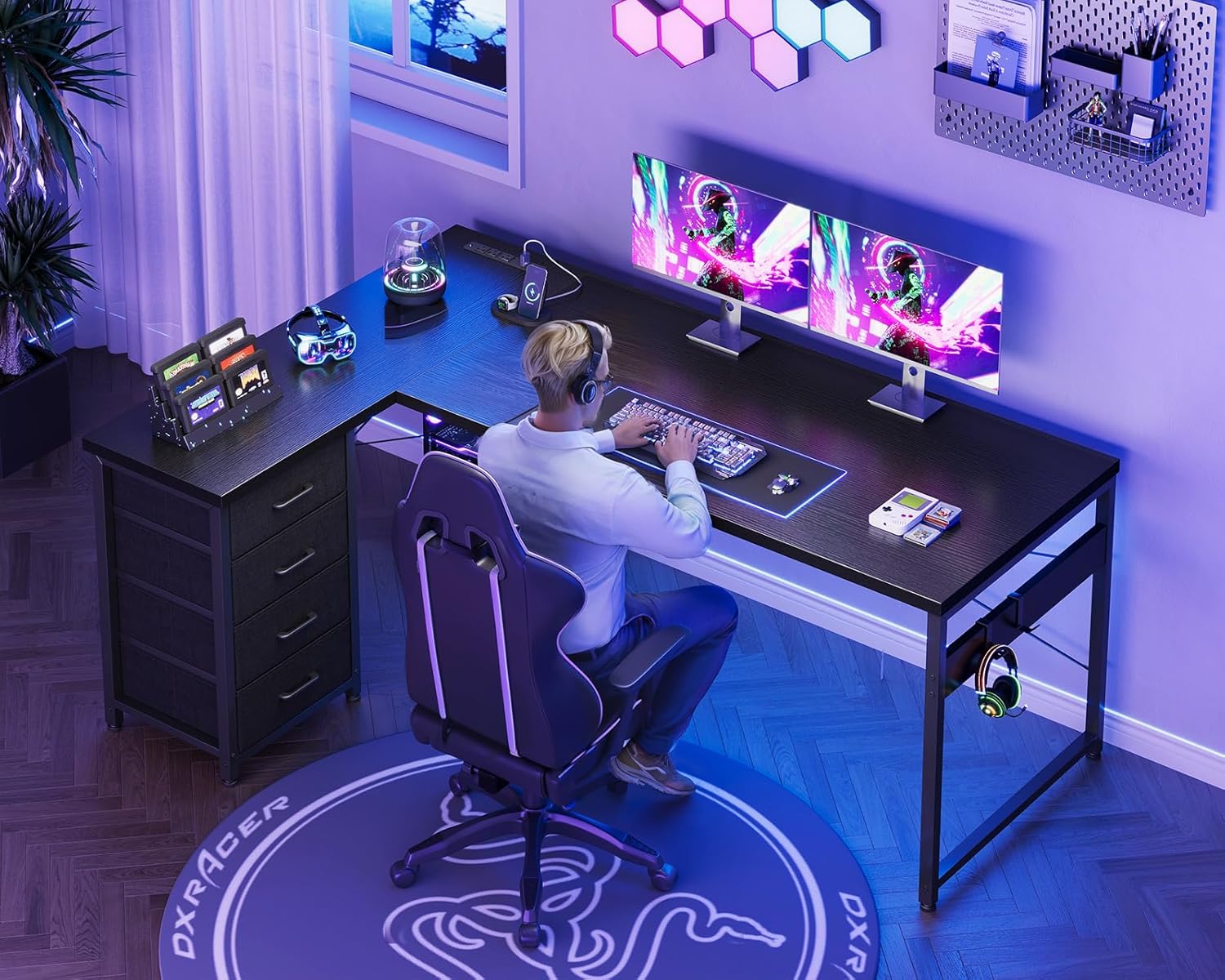 AODK L Shaped Gaming Desk with Power Outlets & USB Ports – 61" Reversible Corner Computer Desk with 4 Drawers & CPU Stand, Black Home Office Workstation