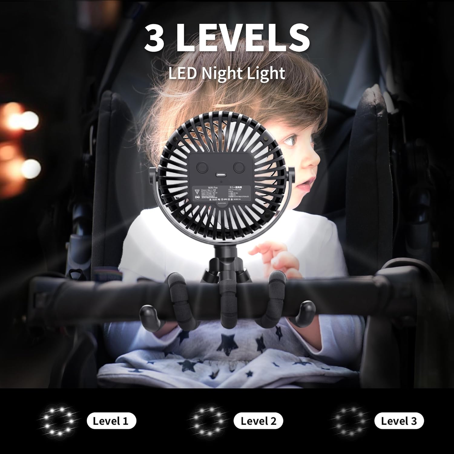 AMACOOL Portable Rechargeable Clip-On Fan for Strollers, Car Seats & Travel - Flexible Tripod, LED Light & Ultra-Quiet Motor