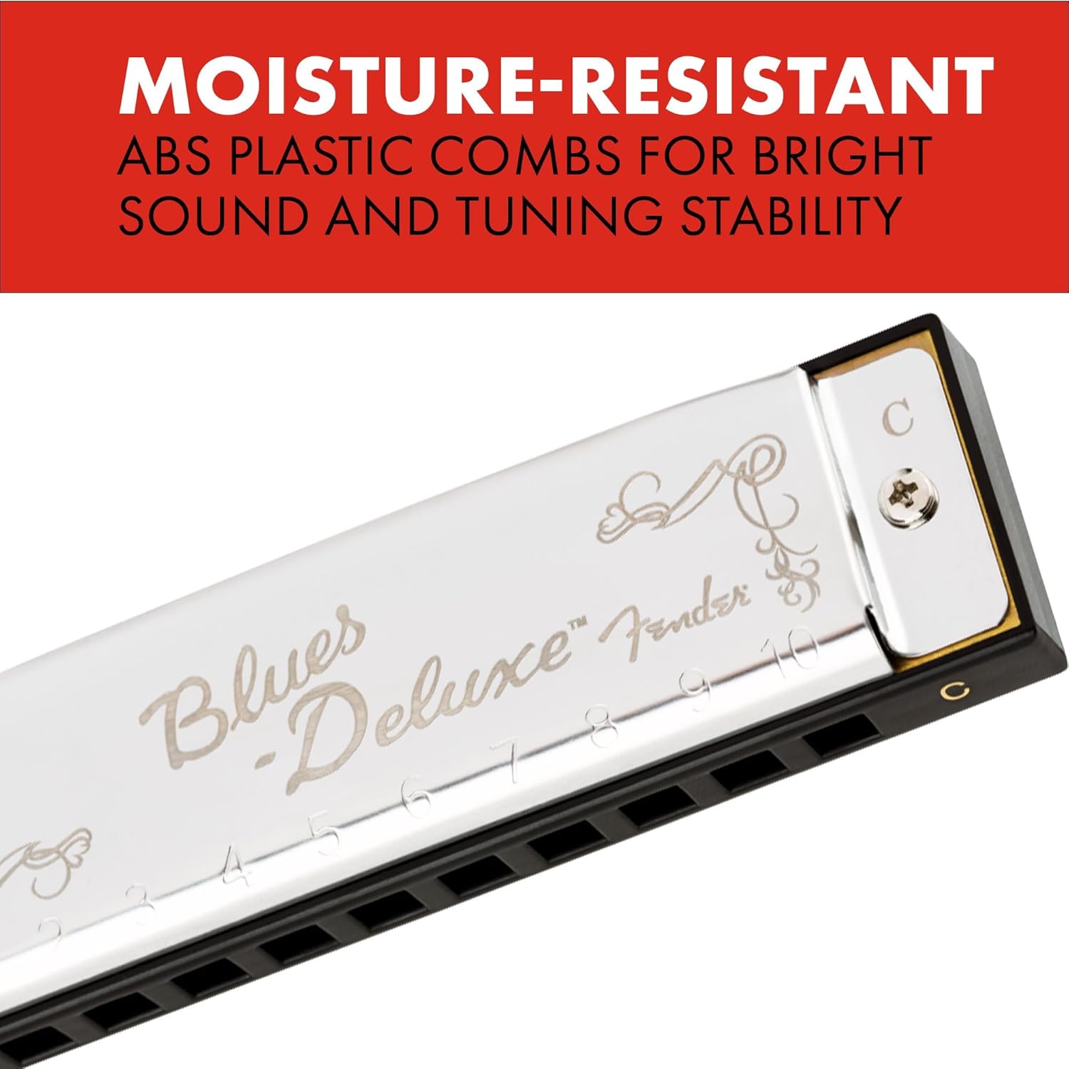 Fender Blues Deluxe Harmonica in Key of C – Professional Brass Reeds & Molded PVC Comb with Vented Case