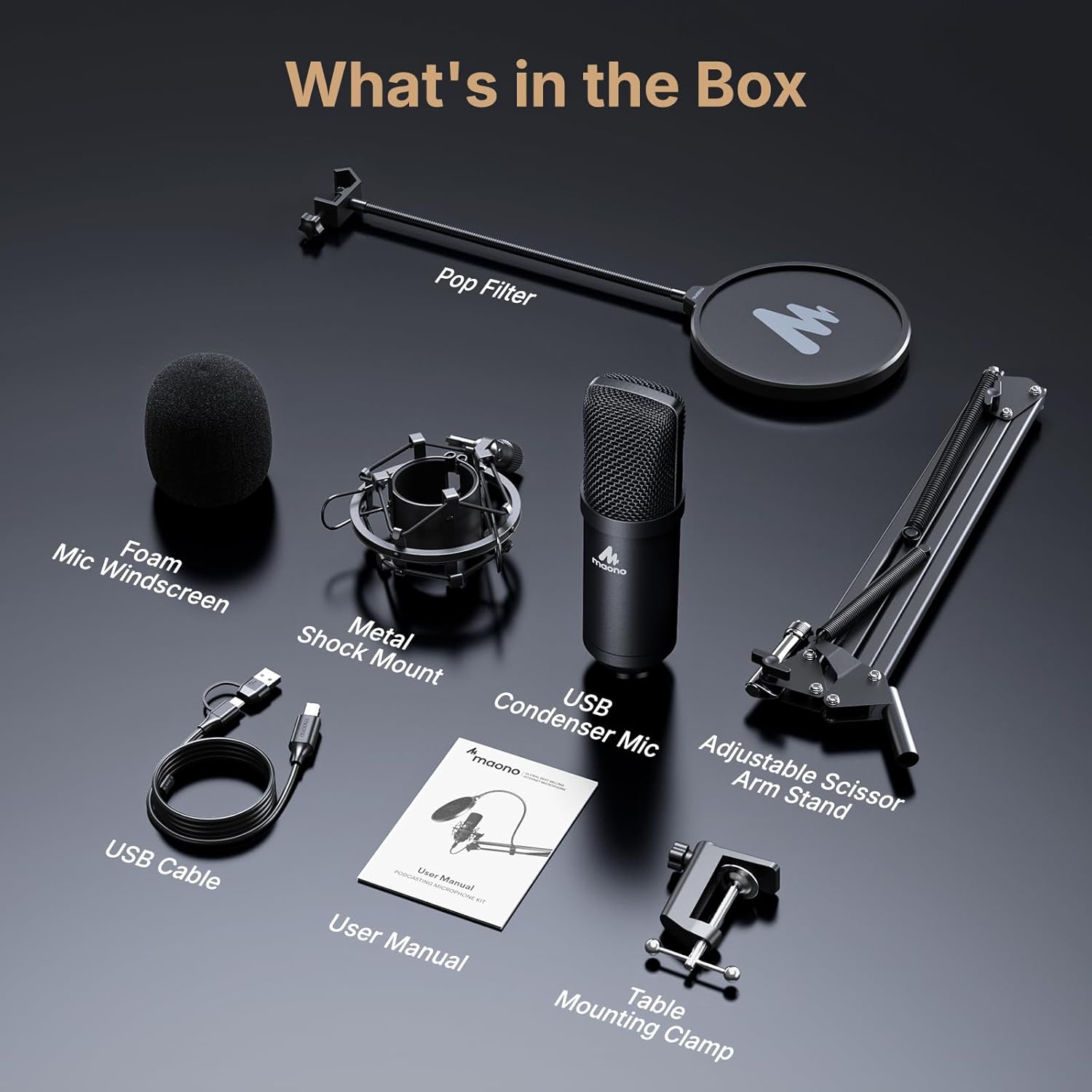 Maono AU-A04 USB Condenser Microphone Kit with Professional Sound Chipset, 192kHz/24Bit Plug & Play Metal Mic for Podcasting, Gaming, and Recording