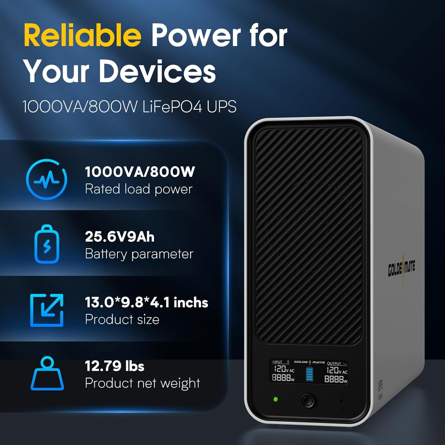 GOLDENMATE 1000VA/800W LiFePO4 UPS Battery Backup & Surge Protector – Pure Sine Wave, 10-Year Lifespan, 8 Outlets, LCD Display