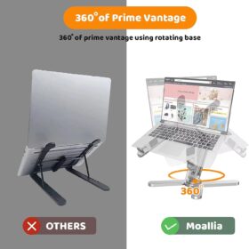 Moallia Aluminum Laptop Stand with 360° Rotating Base – Ergonomic, Foldable & Portable Riser for MacBook, Dell, HP & Laptops up to 16 Inches