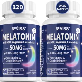 NEVISS 50mg Melatonin for Adults - Extra Strength 9-in-1 Sleep Support with Magnesium Glycinate, Ashwagandha & Vitamin D3 - Fast Dissolve Sublingual Tablets, Vegan, Sugar-Free (120 Count)