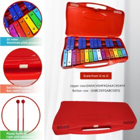 Soulmate 25-Note Glockenspiel Xylophone – Professional Percussion Instrument with 2 Full Octaves, Color-Coded Metal Keys, and Portable Case – Ideal Music Teaching Toy for Kids & Beginners (Red)