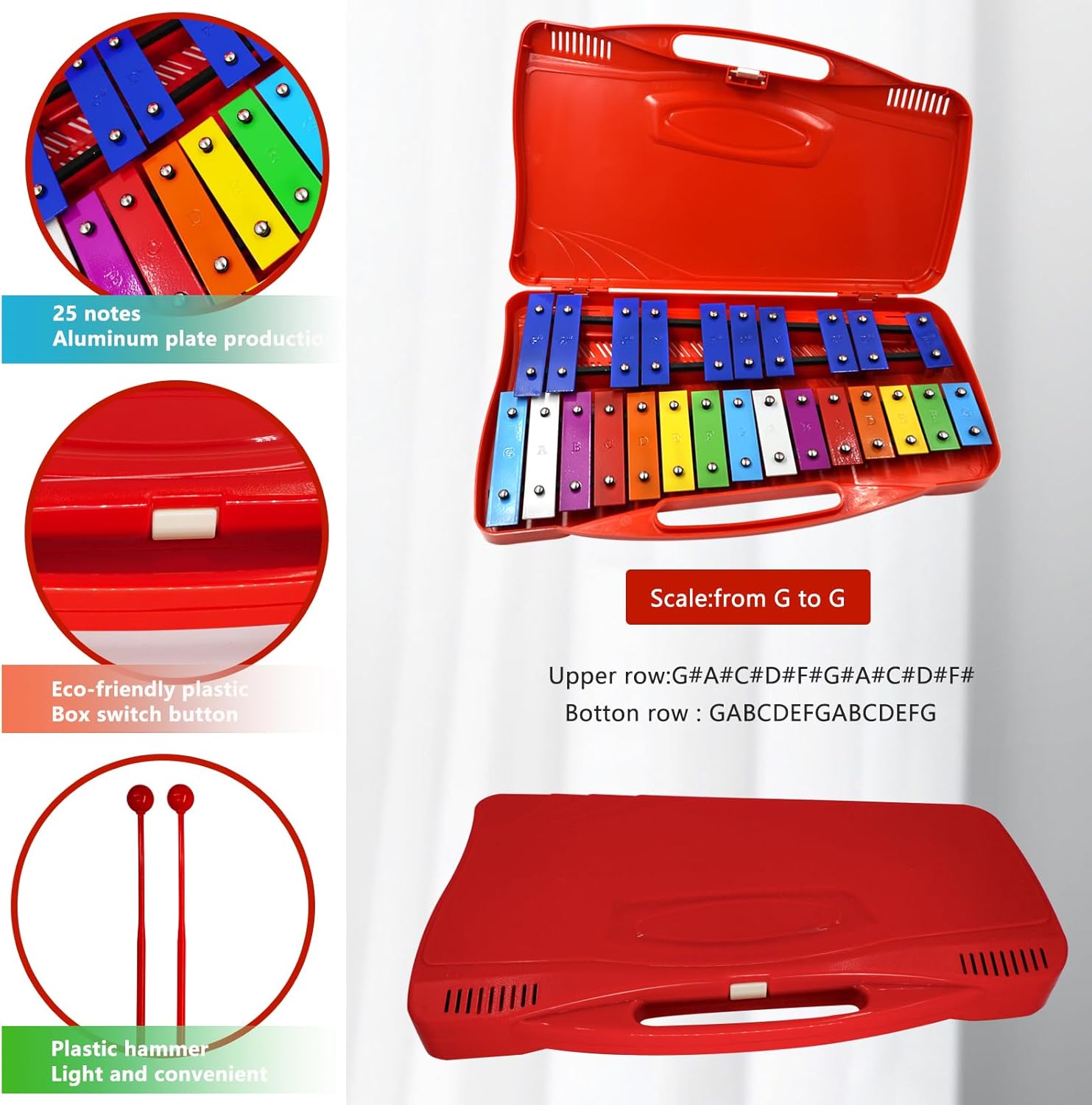 Soulmate 25-Note Glockenspiel Xylophone – Professional Percussion Instrument with 2 Full Octaves, Color-Coded Metal Keys, and Portable Case – Ideal Music Teaching Toy for Kids & Beginners (Red)