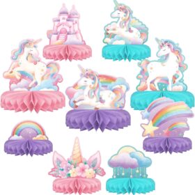 Unicorn Birthday Party Supplies - 9Pcs Rainbow Honeycomb Centerpieces & Table Decorations for Magical Kids Parties