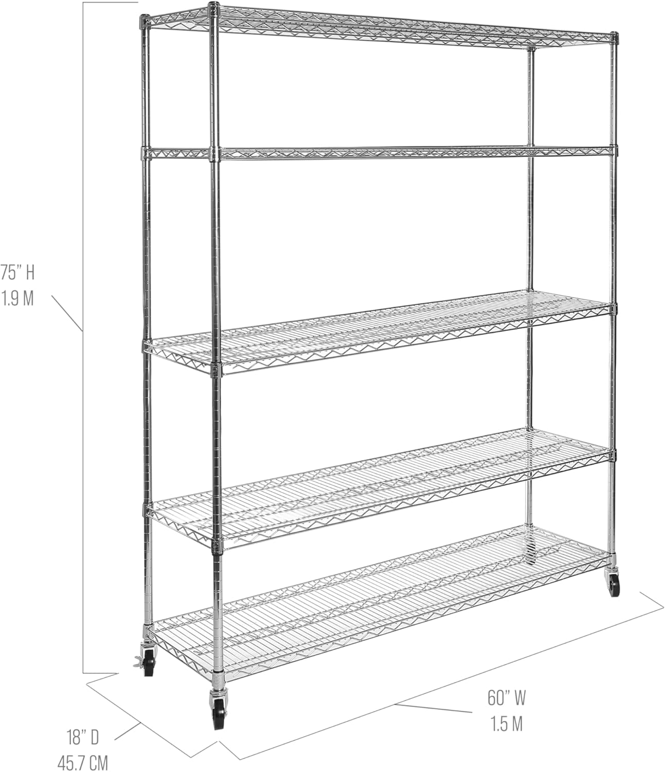 UltraDurable Commercial-Grade 5-Tier Steel Wire Shelving Unit – NSF Certified Heavy Duty Storage Rack with Wheels – 60-inch W x 18-inch D x 75-inch H