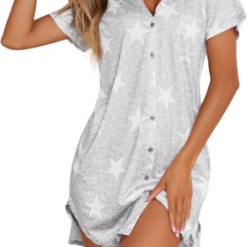 Ekouaer Women's V Neck Button Down Pajama Dress - Soft Cotton Sleep Shirt Nightgown