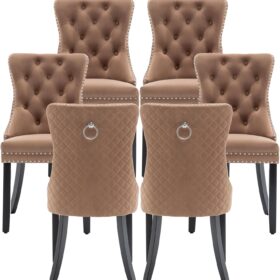 6-Piece Velvet Dining Chairs Set with Nailhead Trim - Modern Upholstered Kitchen Seating with Wooden Legs, Tufted Backrest, and 330 lb Capacity (Brown)