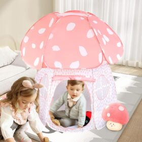 CRAWLBO Kids Mushroom Play Tent – Pop Up Indoor & Outdoor Playhouse with Mesh Windows & Exquisite Gift Box (Pink, Large)