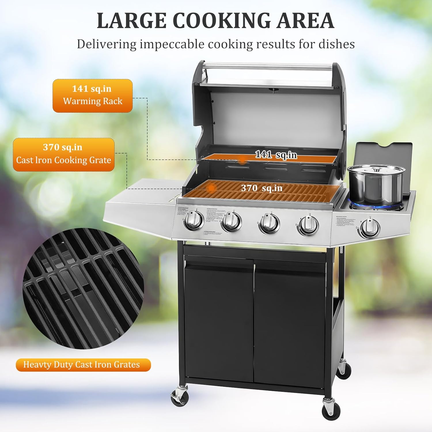 Unovivy 4-Burner Propane Gas Grill – 49,000 BTU BBQ with Side Burner, Porcelain Cast Iron Grates, and Lid Thermometer – Ideal for Patio and Outdoor Cooking