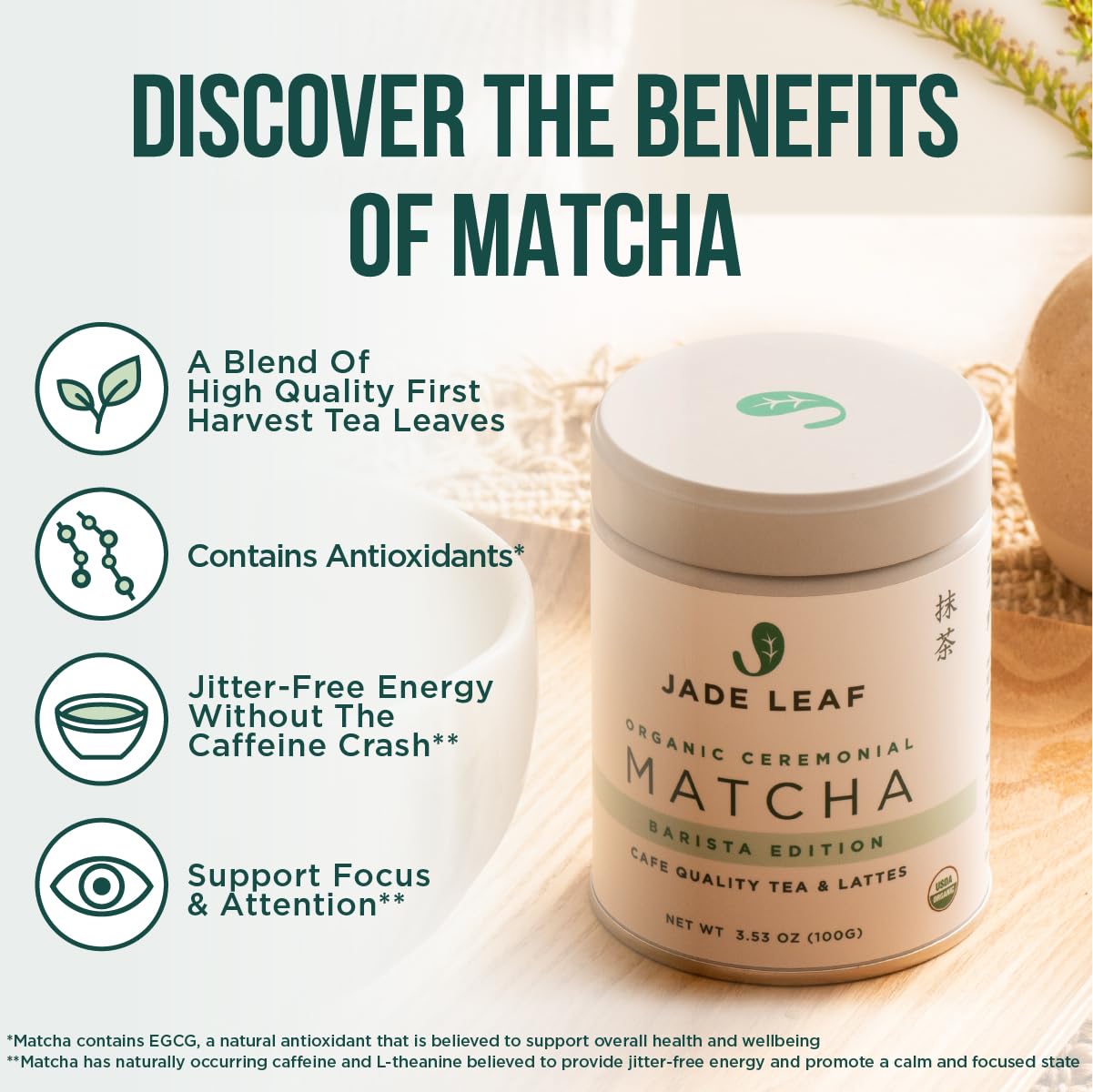 Jade Leaf Premium Ceremonial Grade Matcha Green Tea Powder – 100% Organic Japanese Latte & Barista Blend – 50g Resealable Pouch (1.76 oz)