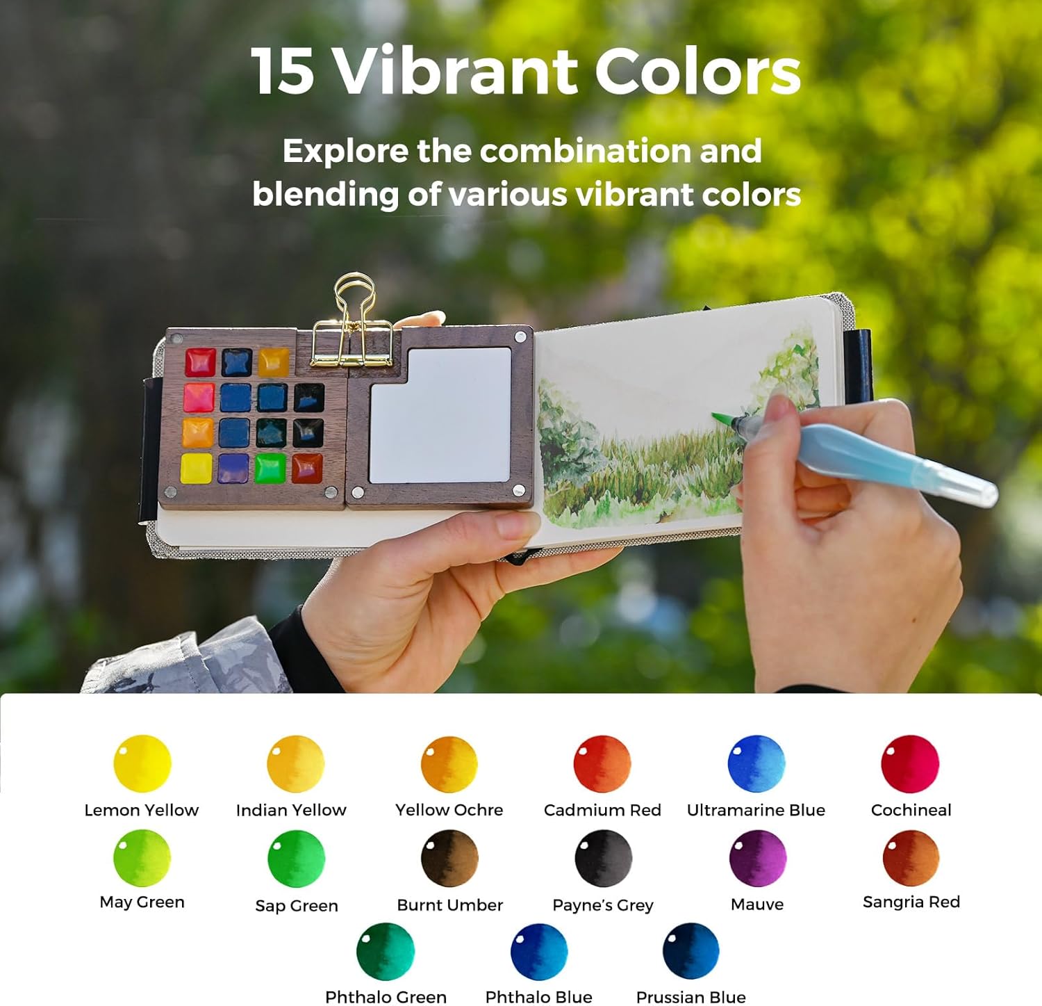 Funto Premium Walnut Wood Watercolor Paint Set – Portable 15-Color Travel Kit with Journal, Crossbody Bag & Water Brush