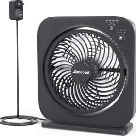 AMACOOL 12-Inch Portable Box Fan – Ultra-Quiet 3-Speed Desktop Air Circulator with 270° Pivot, 8-Hour Timer, and AC Adapter (Black)
