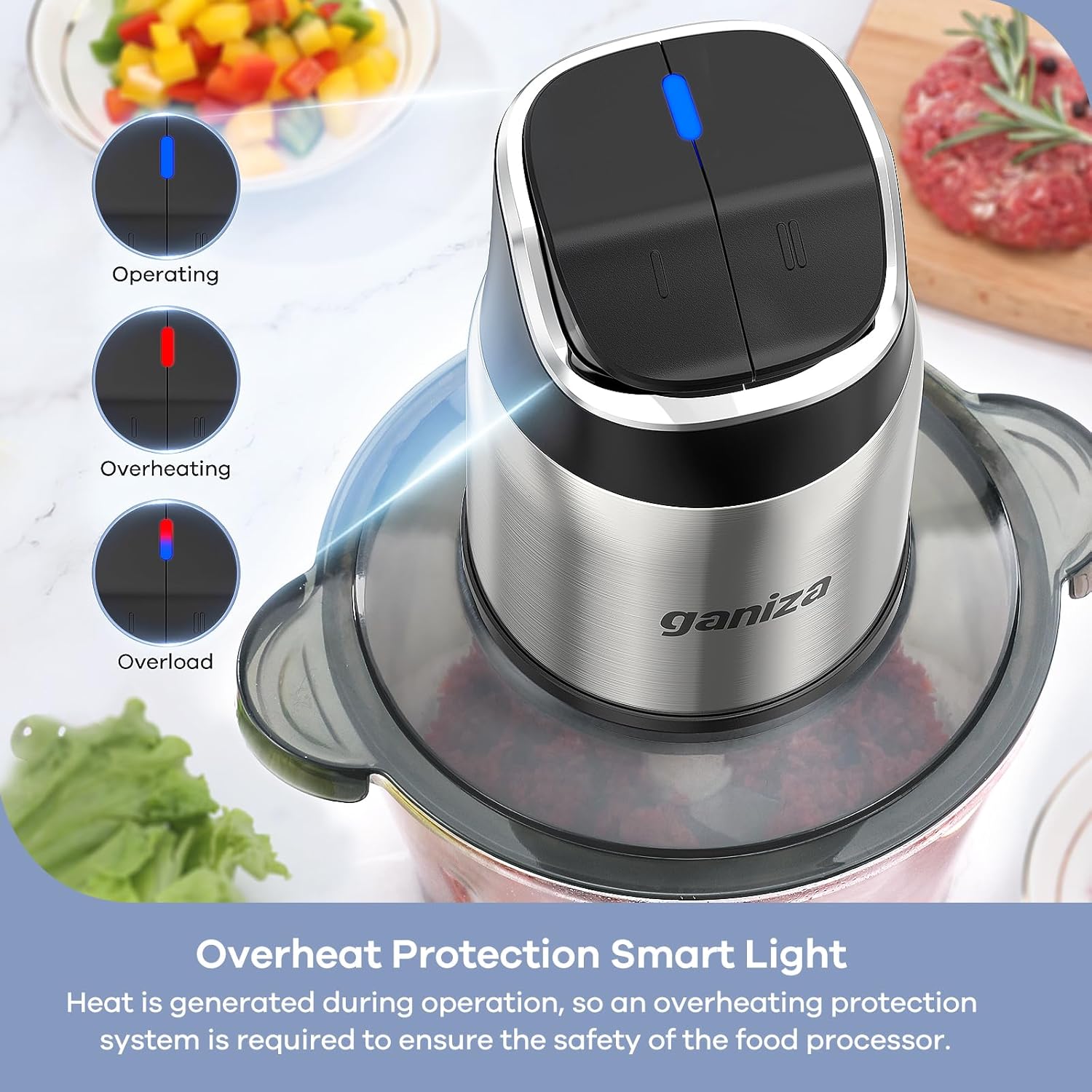 Ganiza 450W 2-Speed Food Processor with 8-Cup Glass & Stainless Steel Bowls | Smart Overheat Protection & Dual Blades for Meat Chopping & Veggie Dicing