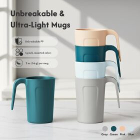 Durable Stackable Plastic Coffee Mugs - 12oz Unbreakable Cups with Handles - BPA Free, Microwave & Dishwasher Safe - Set of 4 for Kitchen, Camping, and Elderly Use