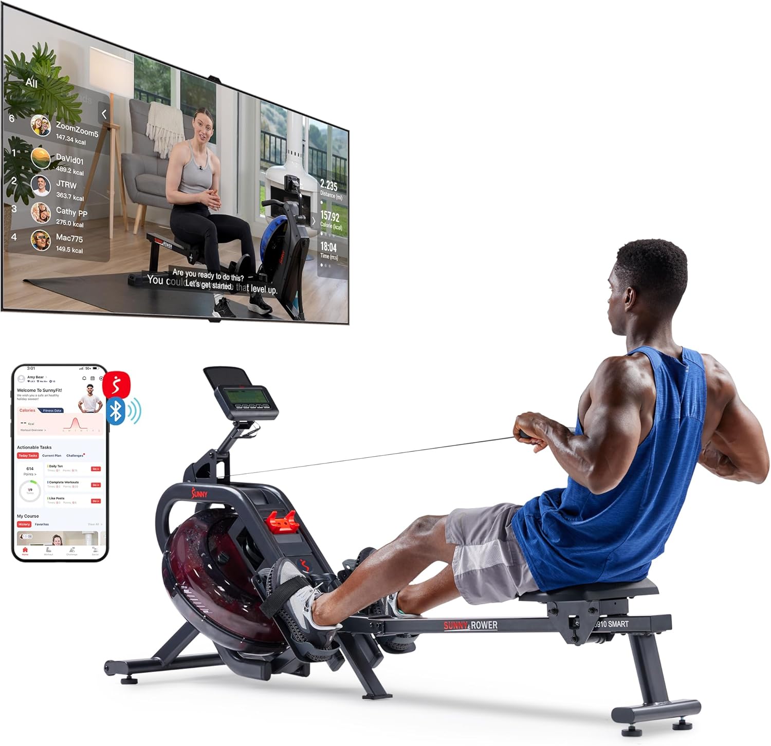Sunny Health & Fitness Water Rowing Machine – Foldable Rower with Extended Slide Rail, LCD Performance Monitor, & SunnyFit App for Home Cardio