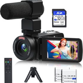 1080P 30MP Video Camera Camcorder with IR Night Vision & Microphone - Vlogging Kit for YouTube Includes Remote, 32GB SD Card, Tripod & 2 Batteries