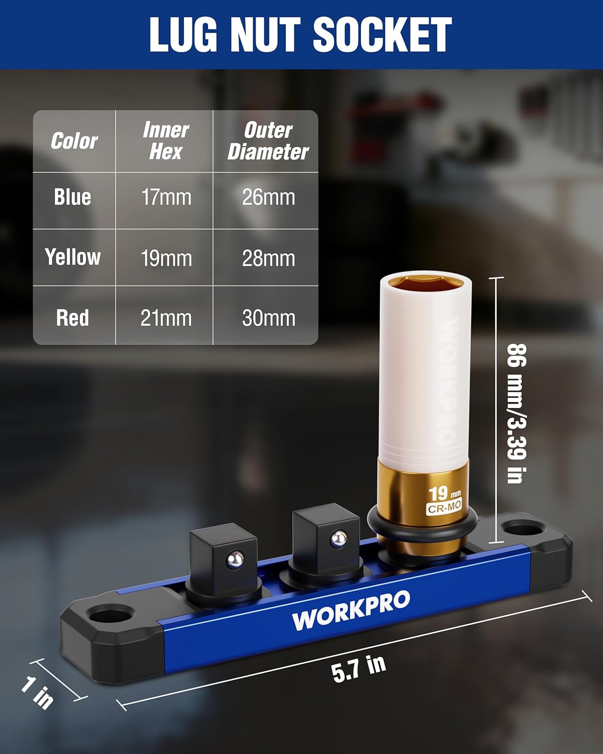 WORKPRO 3-Piece 1/2" Drive Impact Lug Nut Socket Set – 17mm, 19mm, 21mm Deep Thin Wall with Protective Sleeves – Cr-Mo Steel