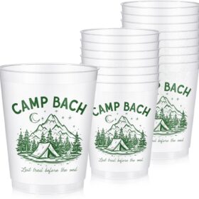 Baderke 'Camp Bach' Frosted Plastic Cups - 16 Pack Reusable Bachelorette Party Drinkware, 16oz Green Camp Theme Tumblers for Bridal Showers & Engagement Gifts