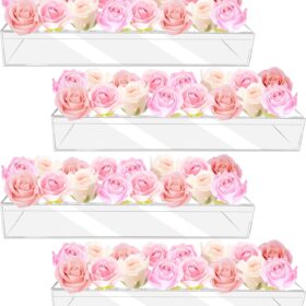 4-Piece Clear Acrylic Flower Vase Set – 64-Hole Rectangular Floral Centerpiece with Lid – Modern Decorative Arrangement Box for Weddings, Home, and Events