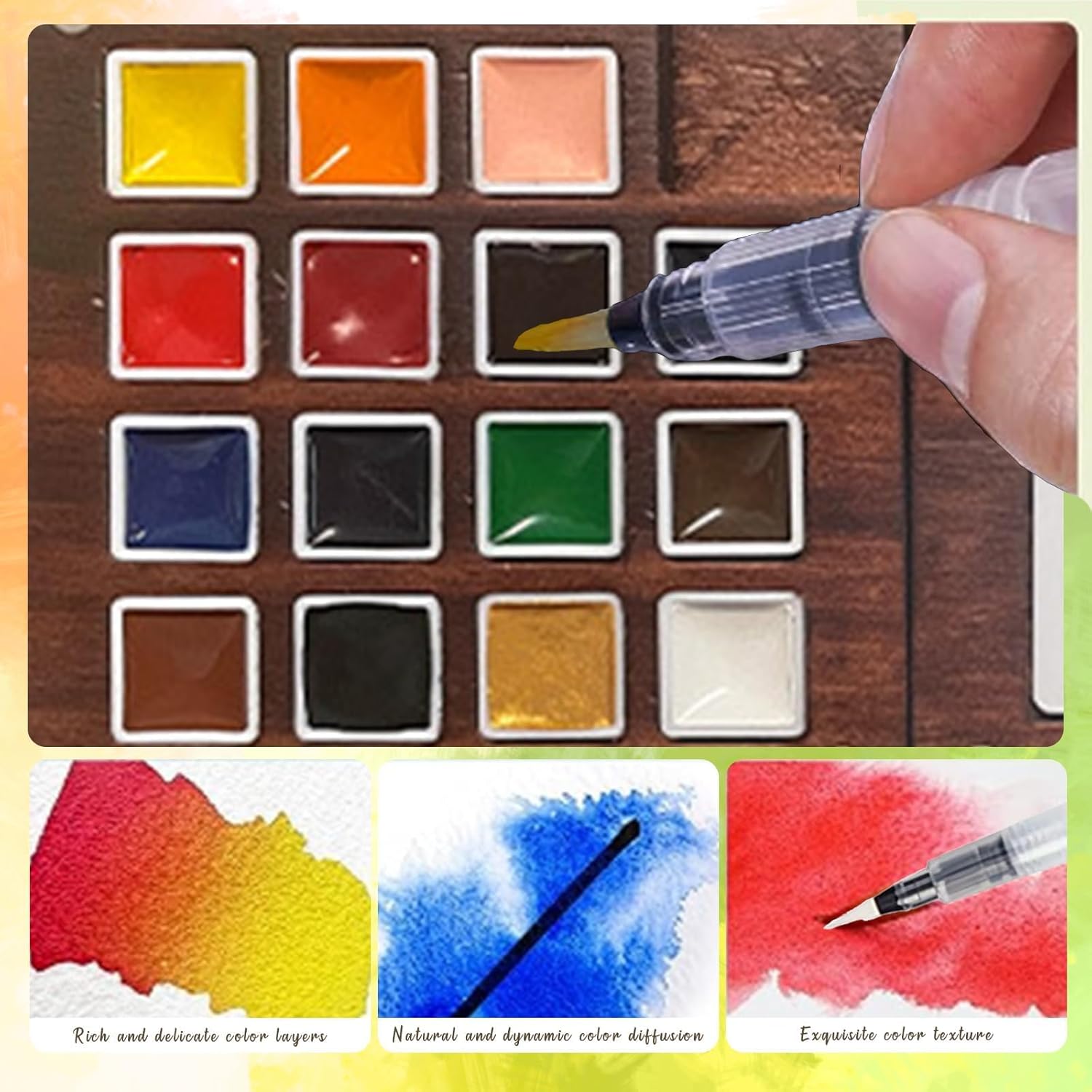 Walnut Wood Mini Watercolor Palette Travel Set – Portable 15-Color Pocket Paint Kit with Brush Pen & Magnet Clip for Artists & Students