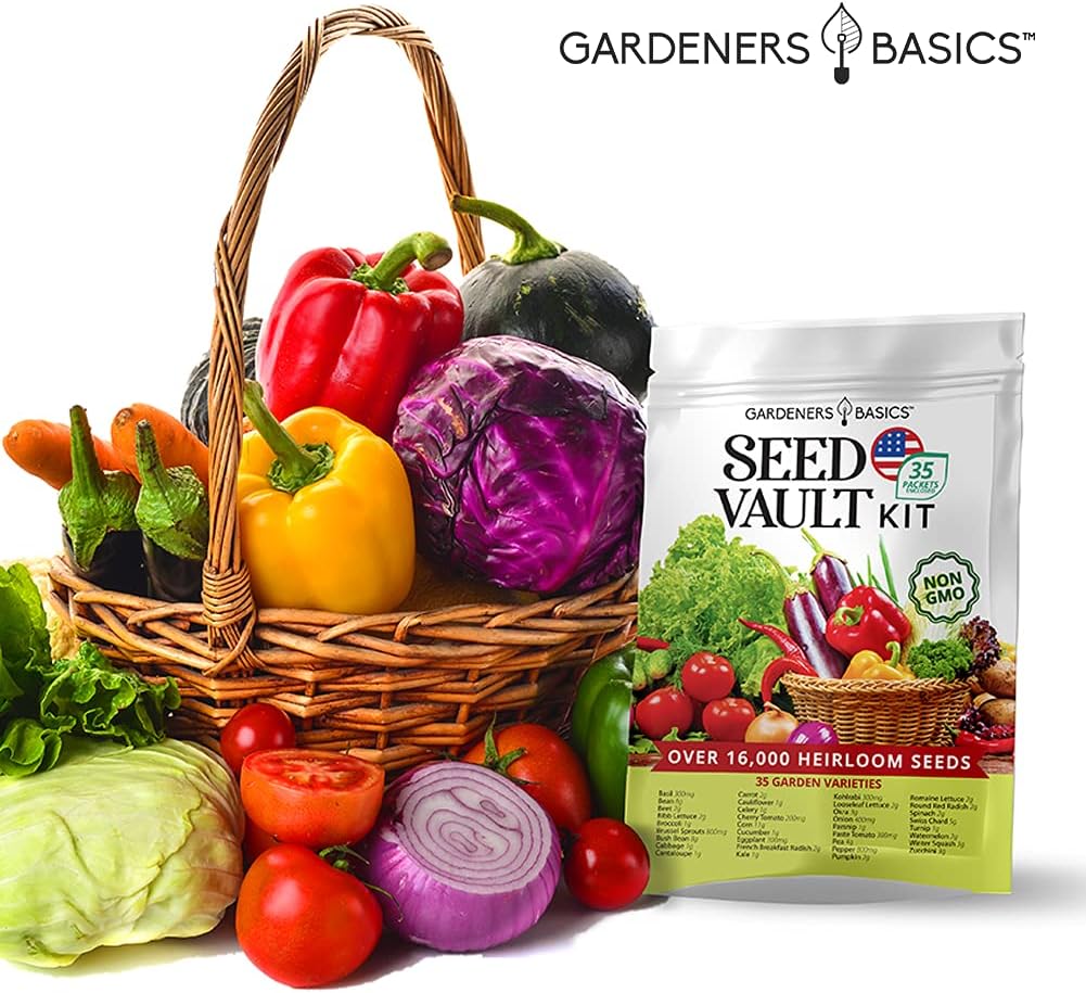 Survival Vegetable Seed Vault: Over 16,000+ Non-GMO Heirloom Seeds for 35 Varieties | Emergency Bugout & Home Gardening Kit with Plant Markers