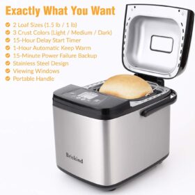 Briskind 19-in-1 Compact Bread Maker Machine – 1.5 lb Small Breadmaker with Handle, Gluten-Free, Dough & Yogurt Menus, 3 Crust Colors, 15H Delay Timer & Automatic Keep Warm