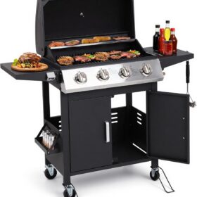 HUGROVE 4-Burner Propane Gas Grill – 40,000 BTU Stainless Steel BBQ with Foldable Side Shelves, Precision Thermometer, and Easy-Clean Grease Tray