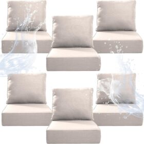 6-Piece Set 6" Ultra-Thick Outdoor Patio Cushions – 24"x24" High-Density Waterproof Seat & Back Cushions with Removable Olefin Covers (Beige)