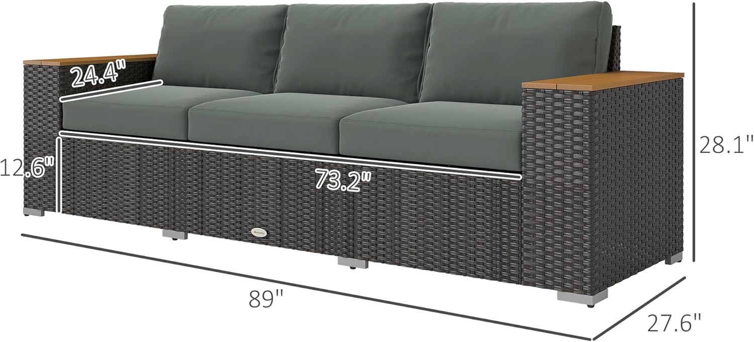 Outsunny 3-Person Outdoor Patio Sofa – Dark Gray PE Wicker Couch with 24.5" Deep Seats, Wide Armrests, and 4" Cushions