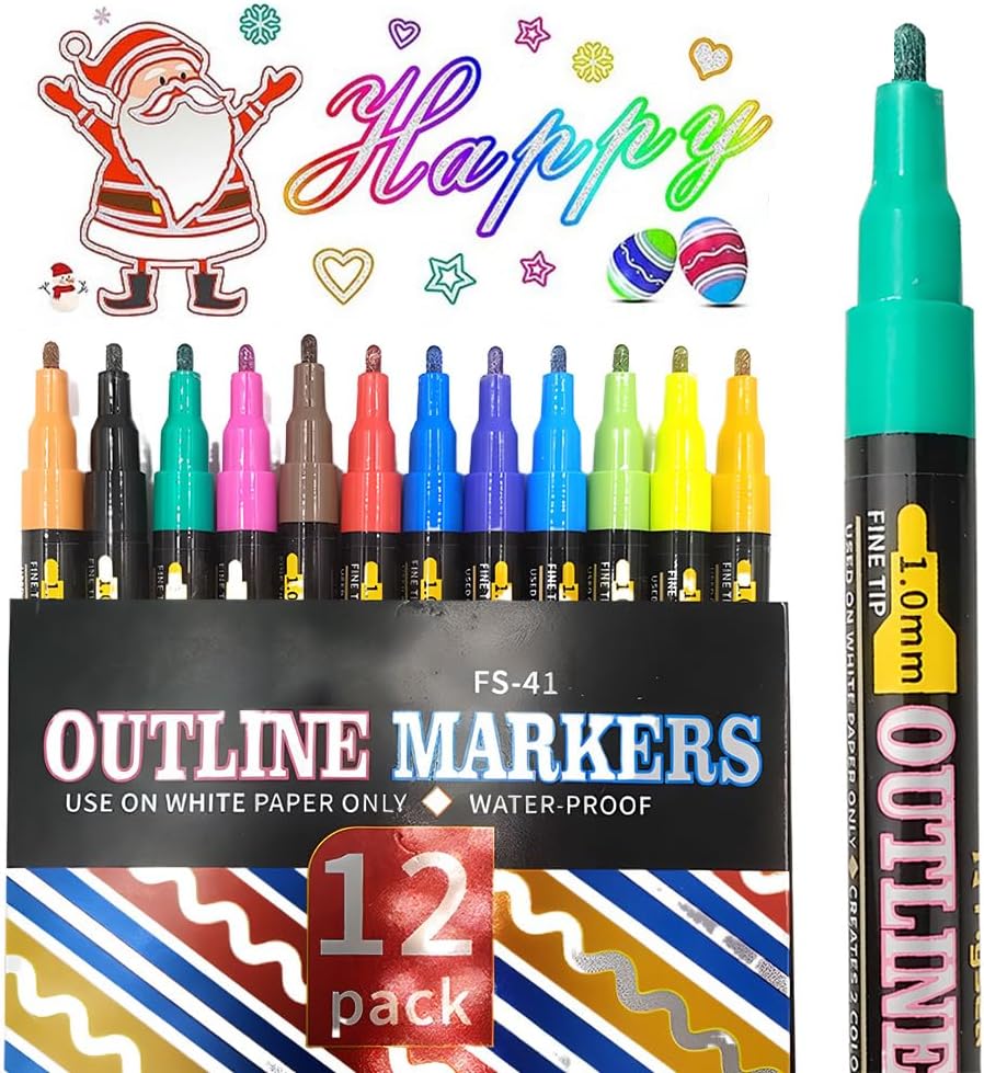 12-Color Metallic Double Line Outline Markers – Dual-Tip Glitter Pens for Scrapbooking, DIY Crafts, Greeting Cards & Art Projects