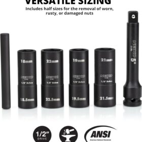 NEIKO 02290B 1/2" Drive Impact Lug Nut Socket Set – 4-Piece Thin Wall Flip Socket with 5" Extension & Knockout Bar (18-22.5mm)
