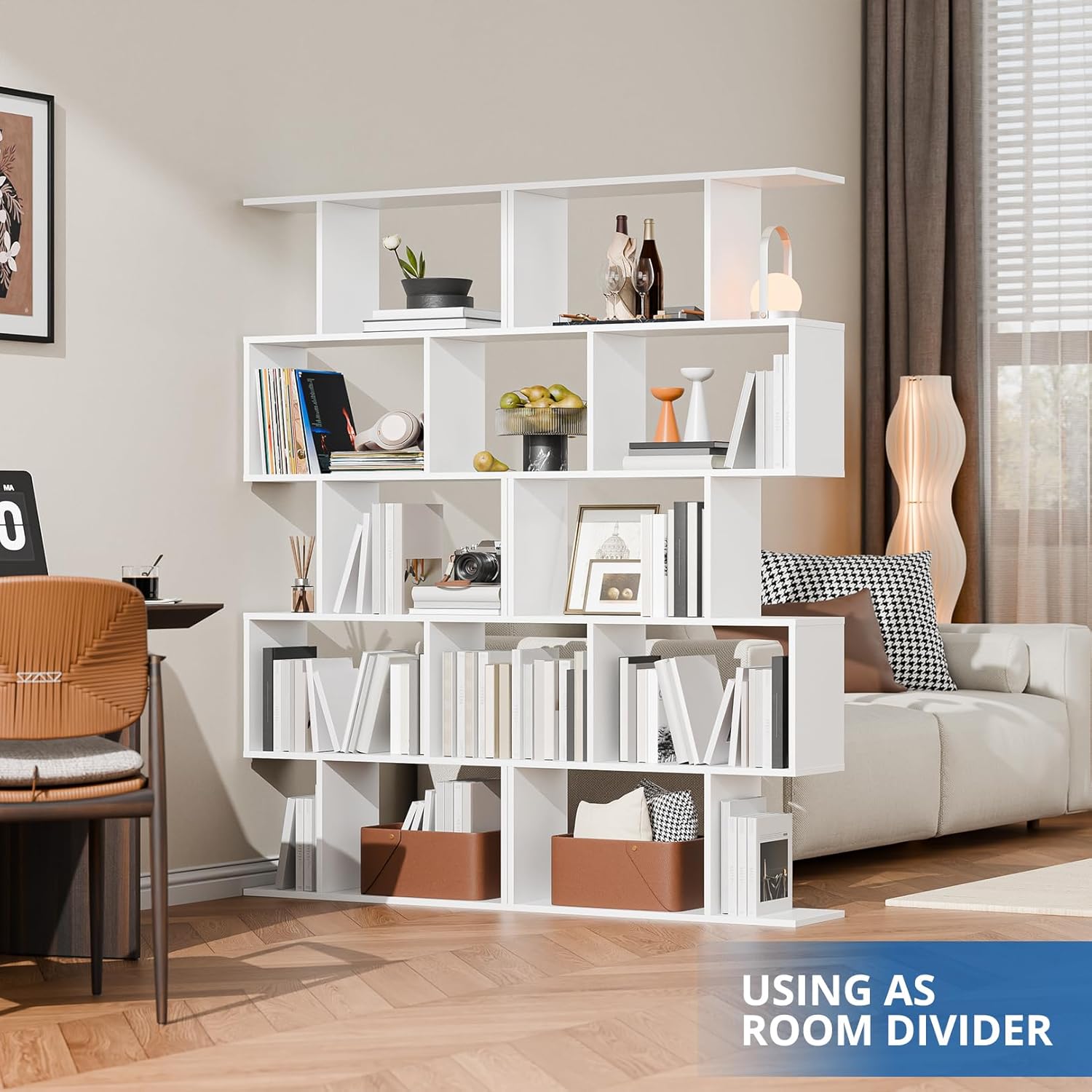 Cozy Castle Set of 2 S-Shaped Geometric Bookcases – 62 inch Tall Modern Bookshelf, 5-Tier Open Display Rack and Room Divider for Home Office, White