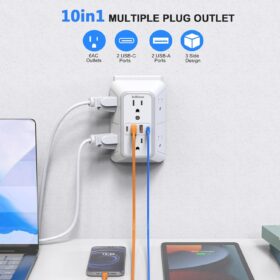 JcBlaon 10-in-1 Wall Outlet Surge Protector - 6 AC Outlet Splitter with 4 USB Ports (2 USB-C), 1050J Multi Plug Expander with 3-Sided Design for Home, Office & Travel