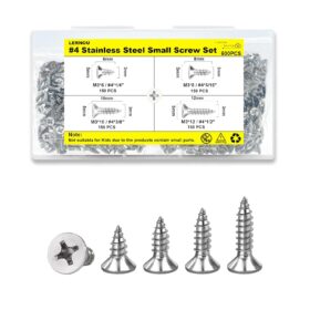 600-Piece #4 Wood Screw Assortment Kit – 304 Stainless Steel Flat Head Screws with Phillips & Flat Heads – 4 Sizes (1/4”, 5/16”, 3/8”, 1/2”) for Furniture, Cabinet & DIY Projects